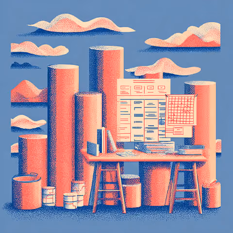 Workspace with charts, schedules, and organizational tools surrounded by abstract columns, representing SEO planning, content structuring, and workflow management for Webflow websites.