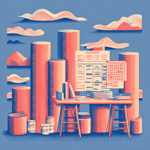 Workspace with charts, schedules, and organizational tools surrounded by abstract columns, representing SEO planning, content structuring, and workflow management for Webflow websites.