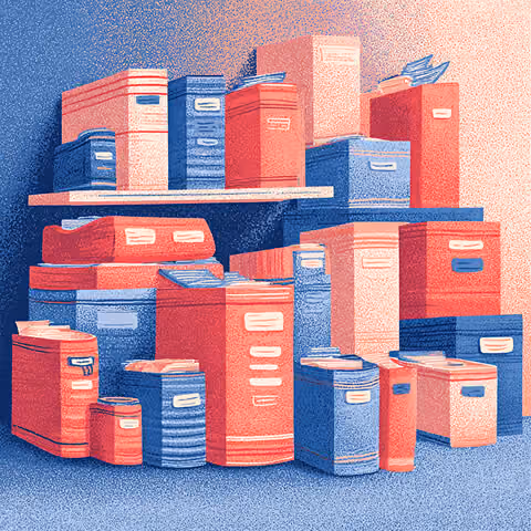 Shelves filled with books, binders, and storage boxes, representing structured content organization, resource management, and maintaining optimized website information architecture.