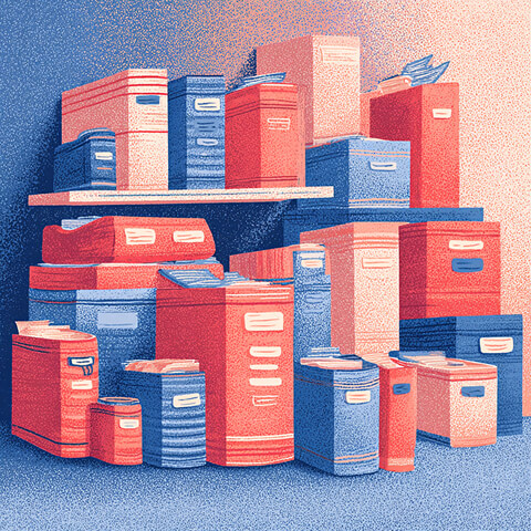 Shelves filled with books, binders, and storage boxes, representing structured content organization, resource management, and maintaining optimized website information architecture.
