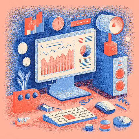 Desktop computer displaying analytics graphs and performance charts with surrounding tech elements, representing SEO monitoring, traffic analysis, and digital optimization strategies.