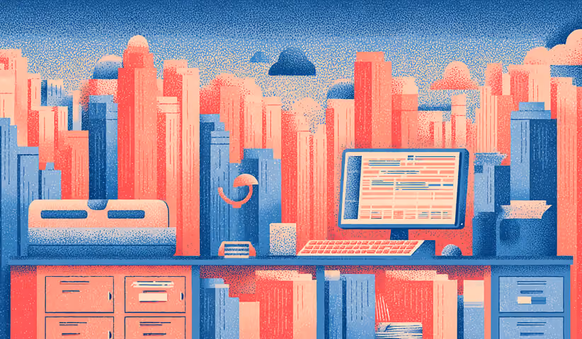 Modern office setup with a computer against a stylized cityscape, representing scalable Webflow development, digital publishing, and SEO-focused online business operations.