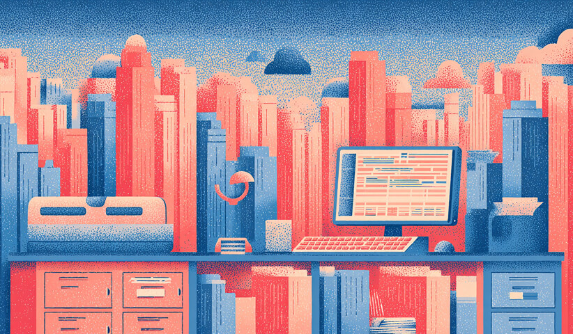 Modern office setup with a computer against a stylized cityscape, representing scalable Webflow development, digital publishing, and SEO-focused online business operations.