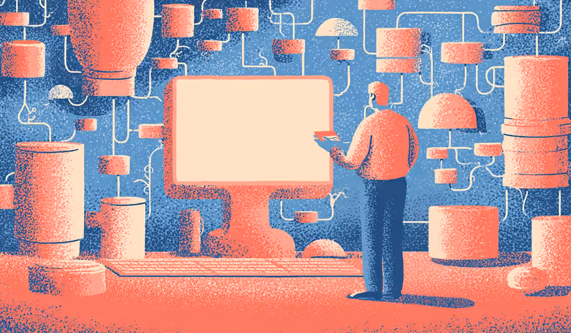 Person standing in front of a large digital display surrounded by connected nodes and systems, representing technical SEO systems, automation workflows, and connected web infrastructure.