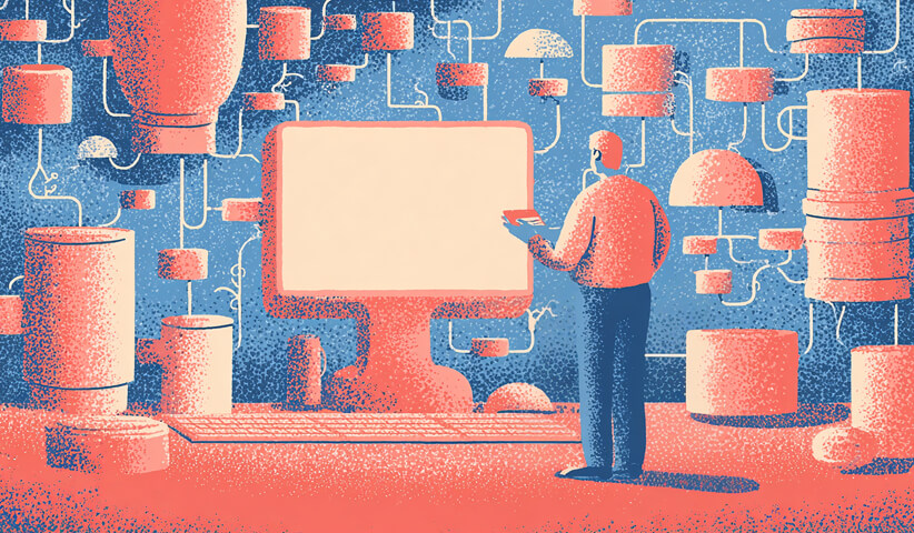 Person standing in front of a large digital display surrounded by connected nodes and systems, representing technical SEO systems, automation workflows, and connected web infrastructure.