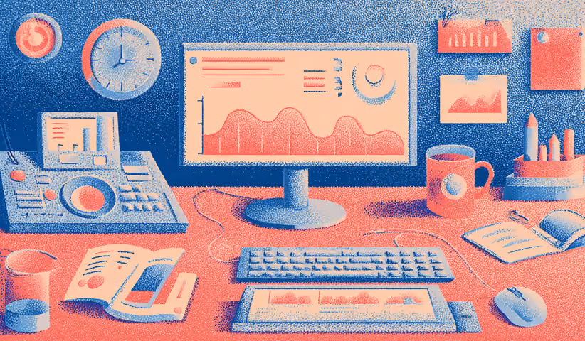 Desk workspace featuring analytics dashboards, charts, and reporting tools, representing SEO performance tracking, campaign reporting, and data-driven optimization.