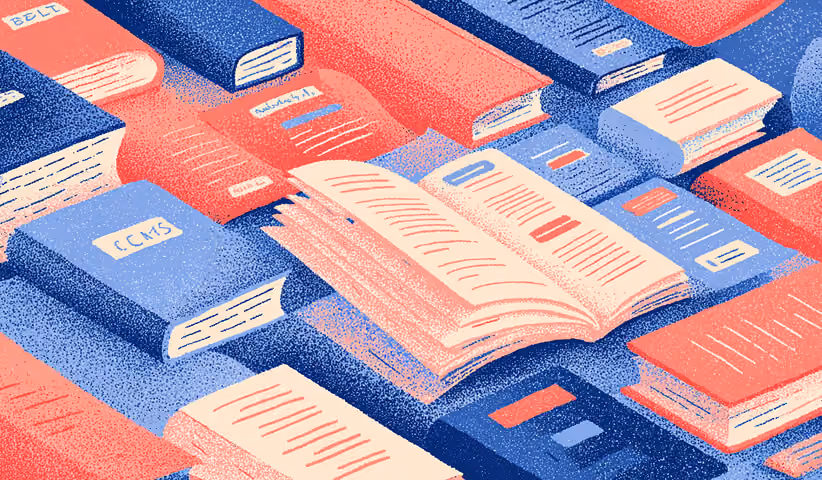 Open books and documents arranged in an abstract layout, representing content strategy, keyword research, and structured information management for SEO content creation.