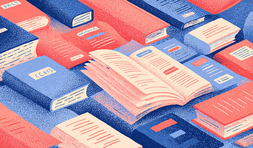 Open books and documents arranged in an abstract layout, representing content strategy, keyword research, and structured information management for SEO content creation.