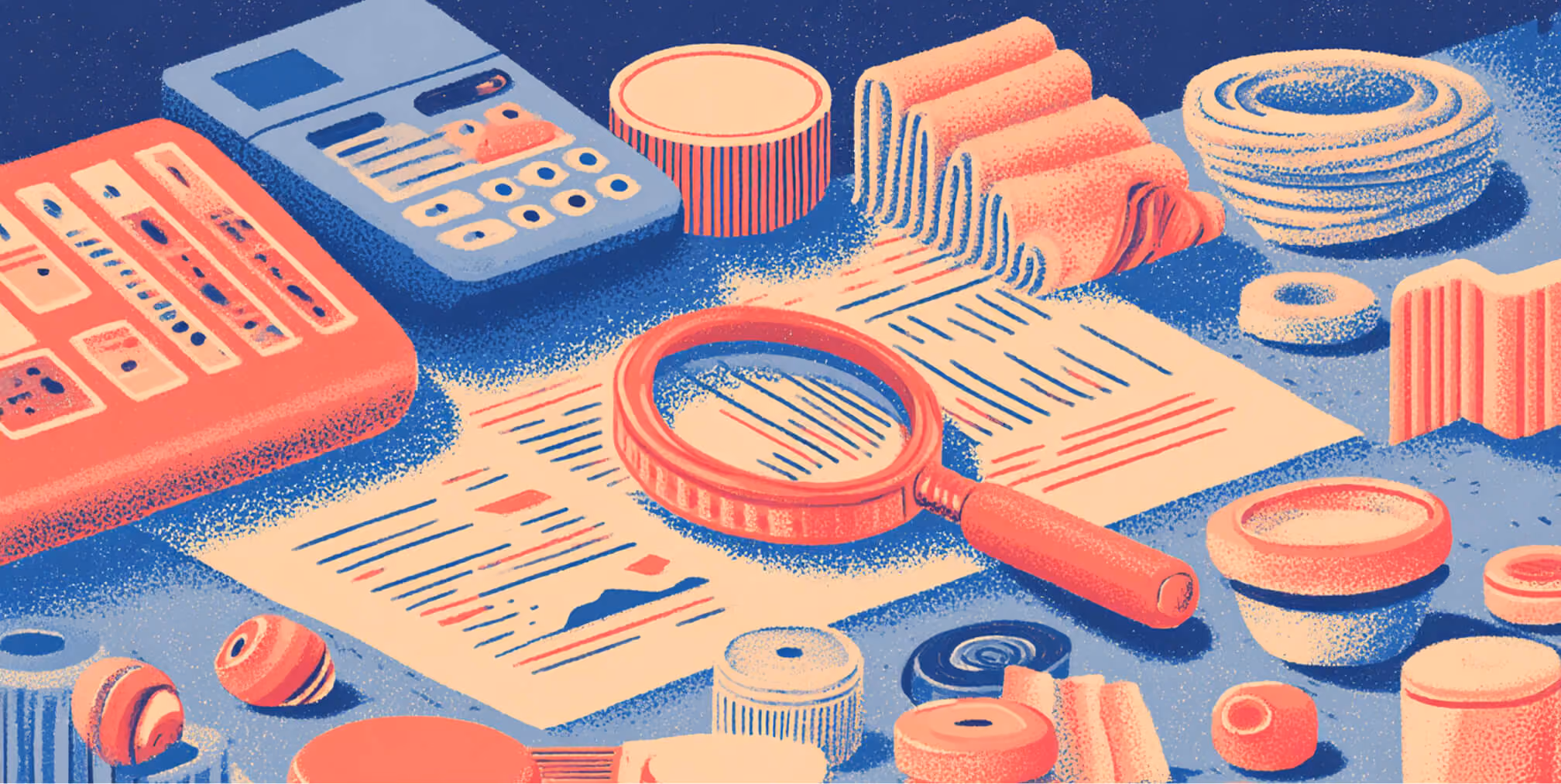 Close-up illustration of financial documents, calculator, and magnifying glass, representing SEO audits, performance analysis, technical reviews, and search optimization evaluation.