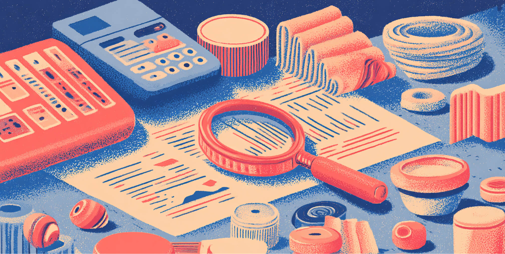 Close-up illustration of financial documents, calculator, and magnifying glass, representing SEO audits, performance analysis, technical reviews, and search optimization evaluation.