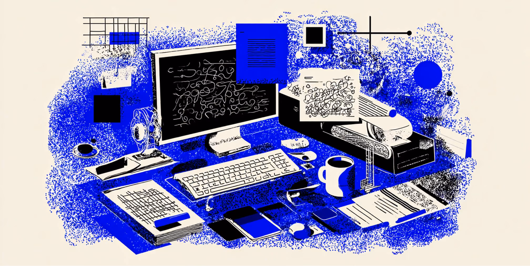 Illustrated desktop workspace with monitor, documents, and creative tools in a blue monochrome style, representing the comparison between Webflow and Dreamweaver web design workflows.