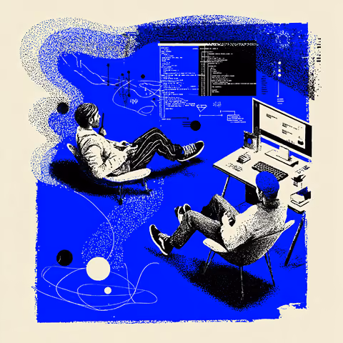 Two developers collaborating in a digital workspace surrounded by code and interface diagrams, representing teamwork, prototyping, and collaborative web development processes.