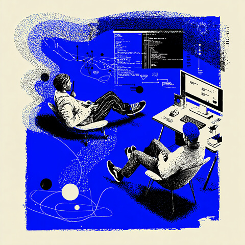 Two developers collaborating in a digital workspace surrounded by code and interface diagrams, representing teamwork, prototyping, and collaborative web development processes.