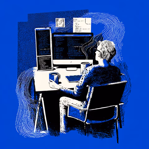 Developer working at a multi-monitor coding workstation, representing front-end development, code editing, and technical web design in Dreamweaver and Webflow environments.