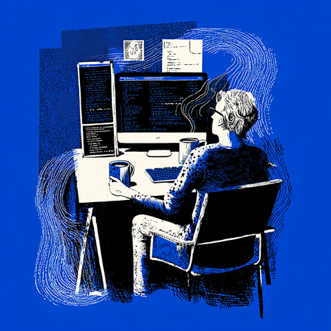 Developer working at a multi-monitor coding workstation, representing front-end development, code editing, and technical web design in Dreamweaver and Webflow environments.