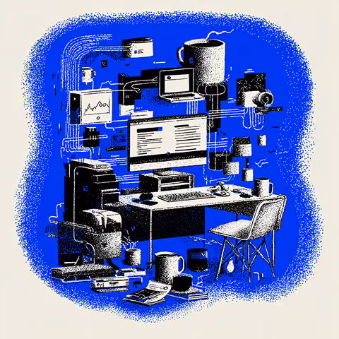 Modern desk setup with connected devices and floating digital components, representing integrated website development tools, automation, and streamlined Webflow workflows.