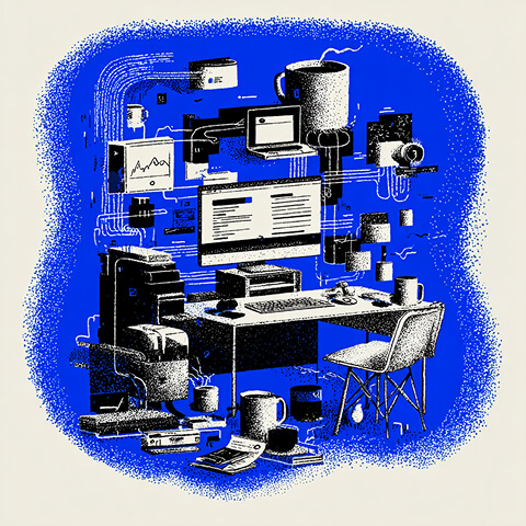 Modern desk setup with connected devices and floating digital components, representing integrated website development tools, automation, and streamlined Webflow workflows.