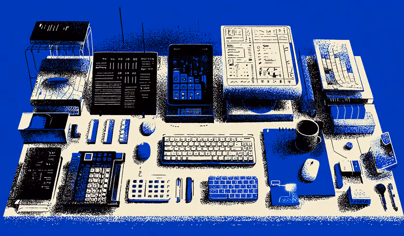 Organized arrangement of computers, calculators, keyboards, and interface layouts, representing web design tools, structured workflows, and digital production systems.