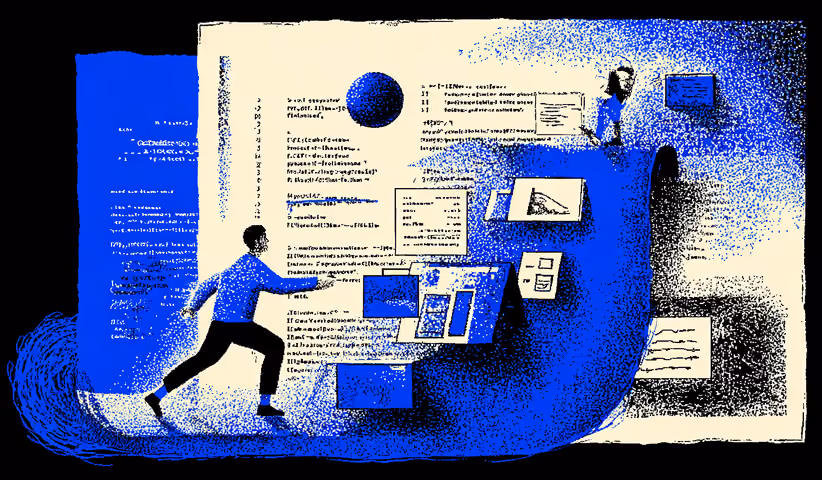 Abstract illustration of a person interacting with code snippets and design layouts, representing visual website building, coding flexibility, and CMS customization.