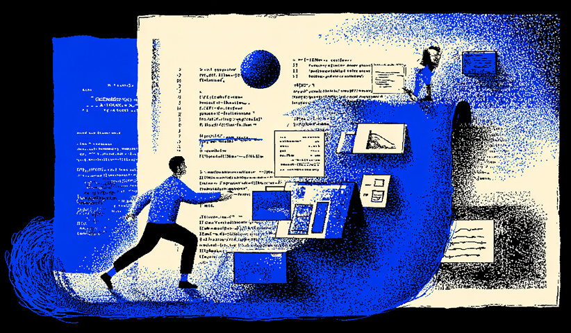 Abstract illustration of a person interacting with code snippets and design layouts, representing visual website building, coding flexibility, and CMS customization.