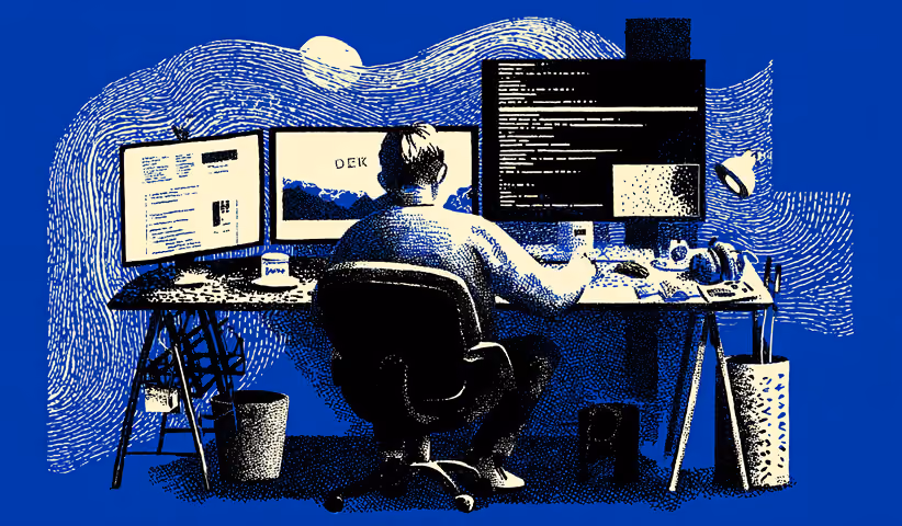 Designer working across multiple monitors displaying code and interface previews, representing responsive web design, development efficiency, and live editing workflows.