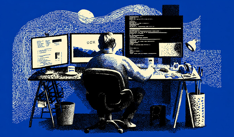 Designer working across multiple monitors displaying code and interface previews, representing responsive web design, development efficiency, and live editing workflows.