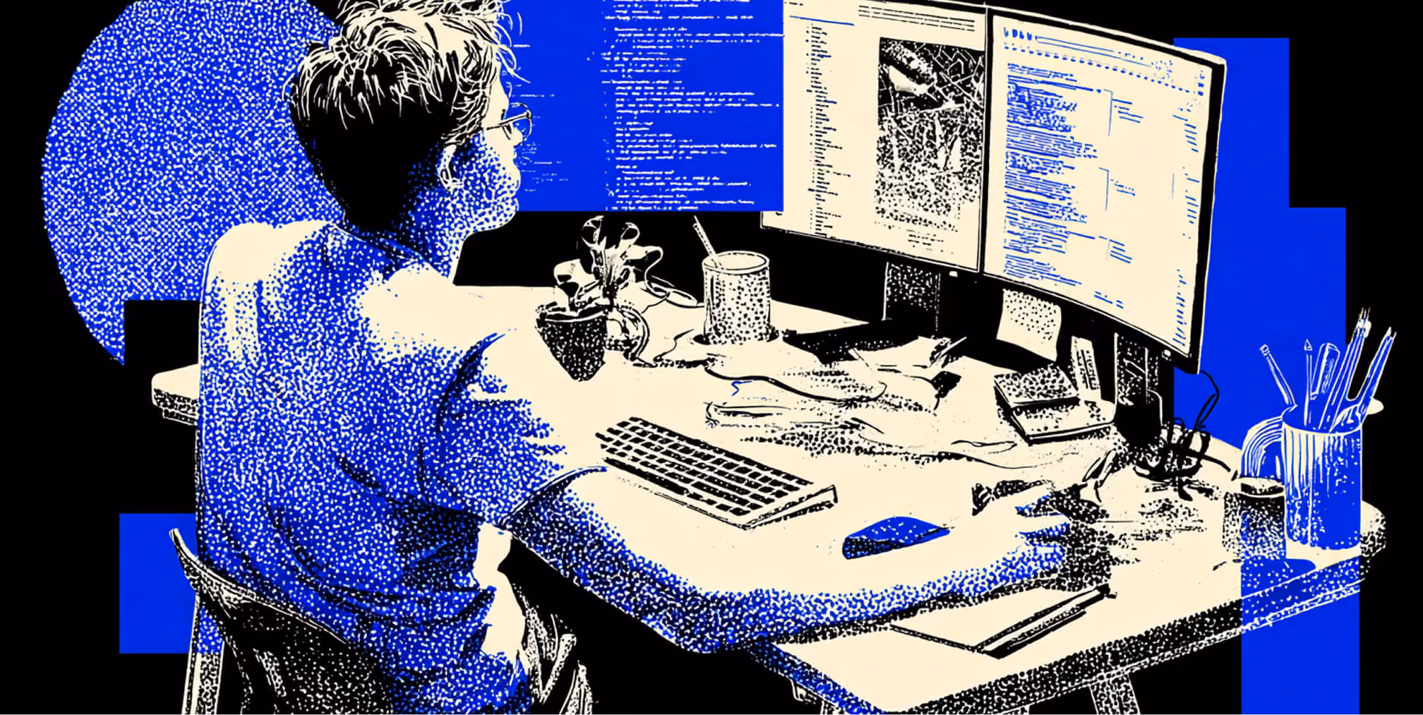 Developer seated at a dual-monitor workstation displaying code and interface structures, representing advanced coding workflows, debugging, and website customization.