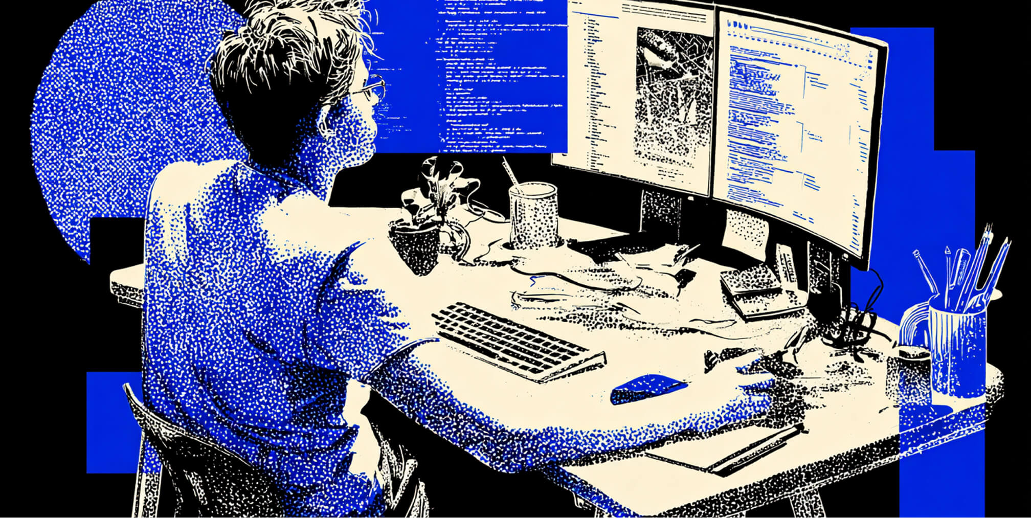 Developer seated at a dual-monitor workstation displaying code and interface structures, representing advanced coding workflows, debugging, and website customization.