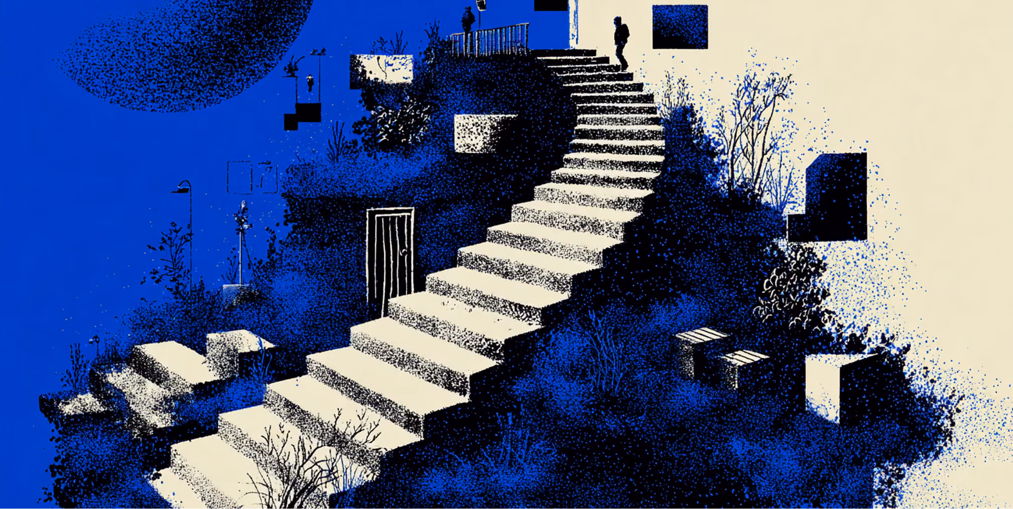 Abstract staircase landscape with layered architectural steps and digital elements, representing growth, learning curves, scalability, and progression in web development platforms.