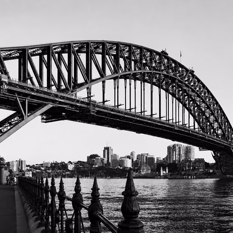 Sydney Harbour Bridge spanning the waterfront with city skyline views in the background.