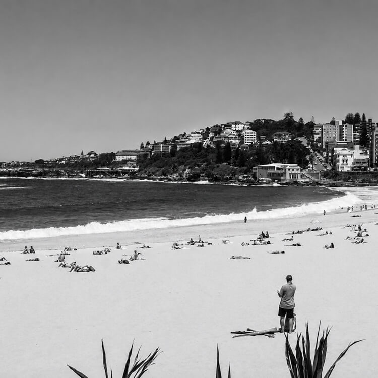 Sunny Sydney beach scene with coastal homes, ocean waves, and people relaxing on the sand.