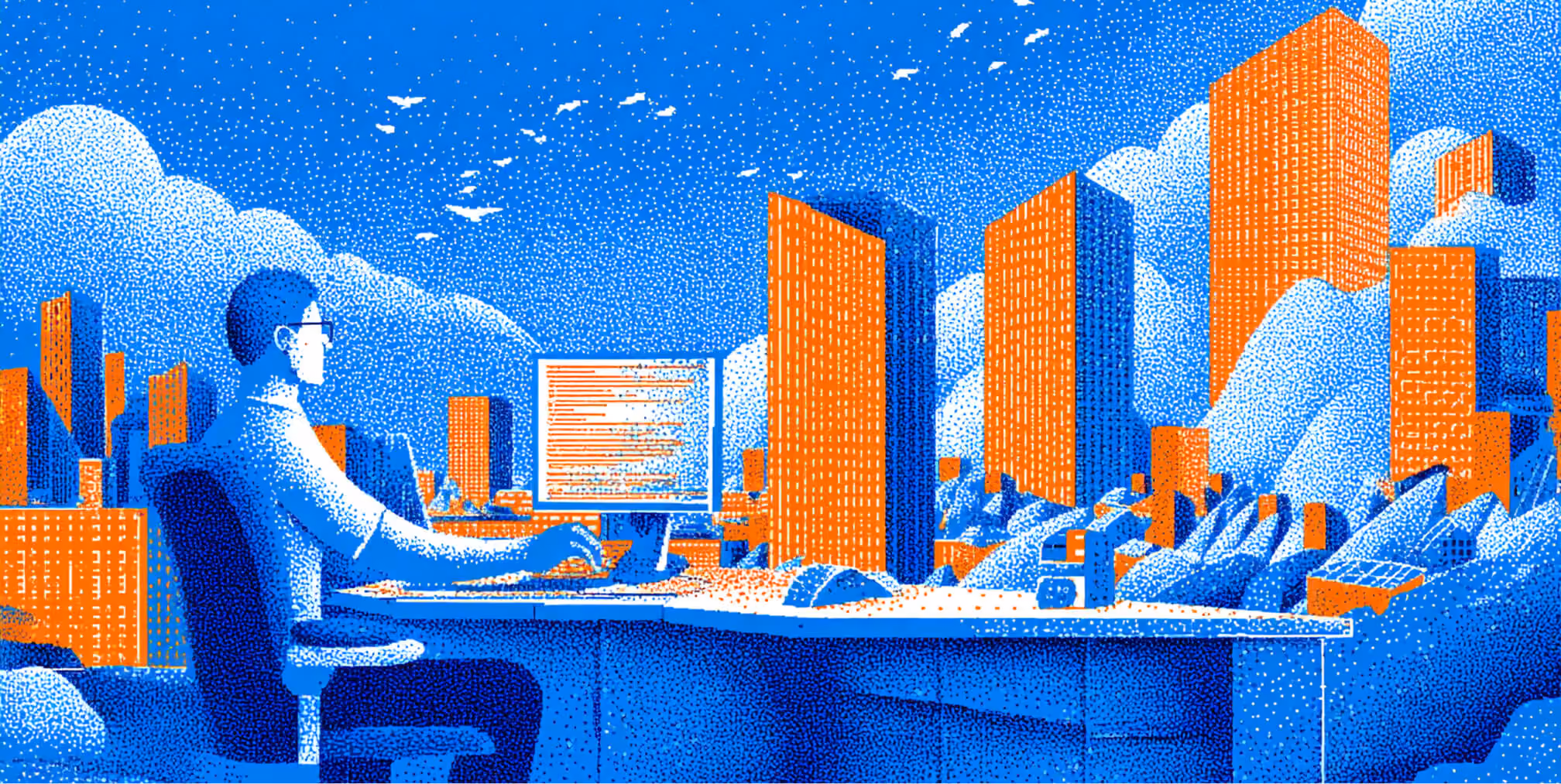 Web designer working at a computer in a futuristic cityscape, representing modern Webflow design, digital creativity, and scalable website development.