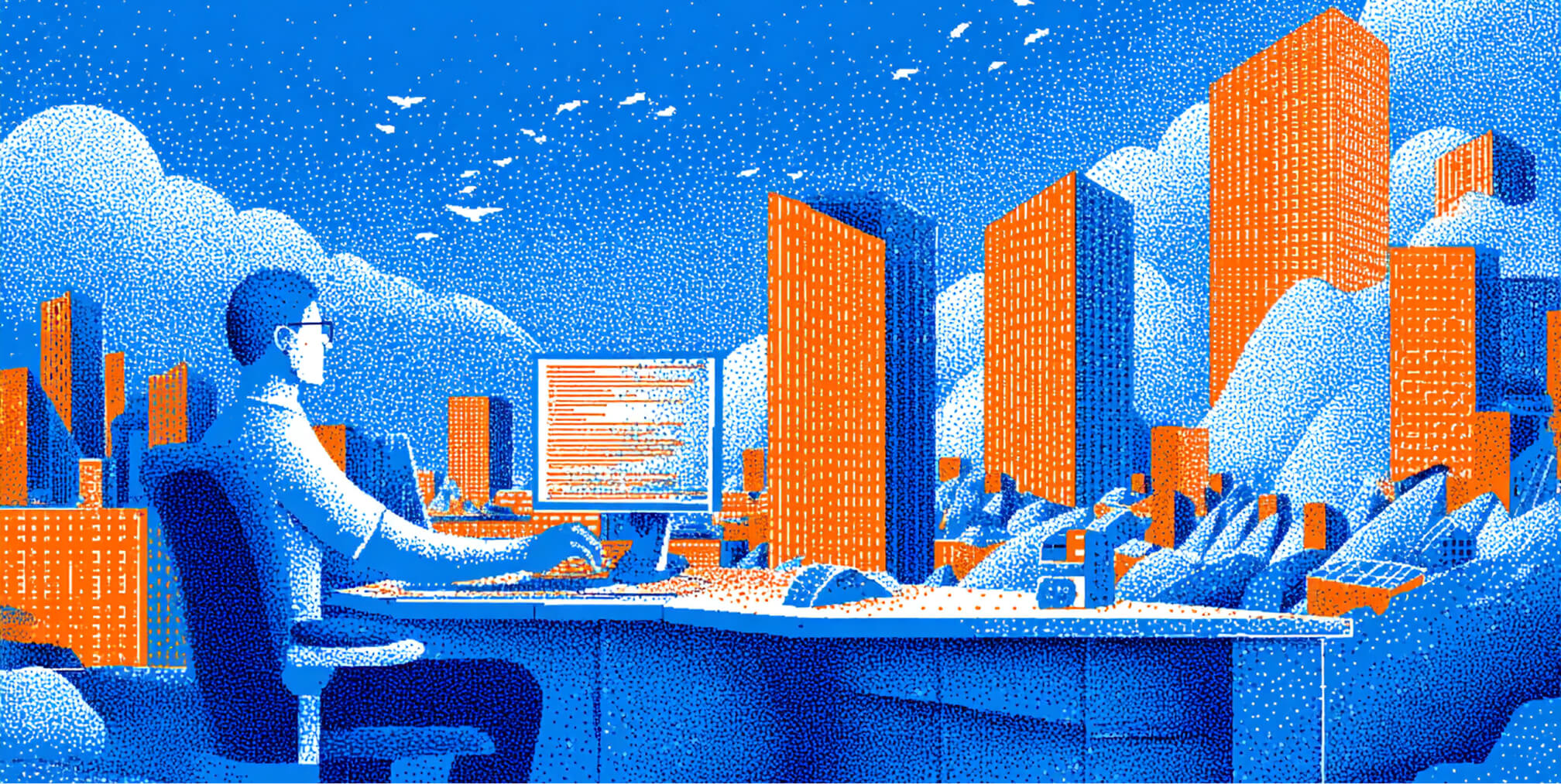 Web designer working at a computer in a futuristic cityscape, representing modern Webflow design, digital creativity, and scalable website development.