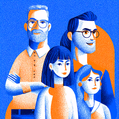 Illustrated team portrait of creative professionals, representing collaboration, diverse expertise, and top Webflow designers working across digital projects.
