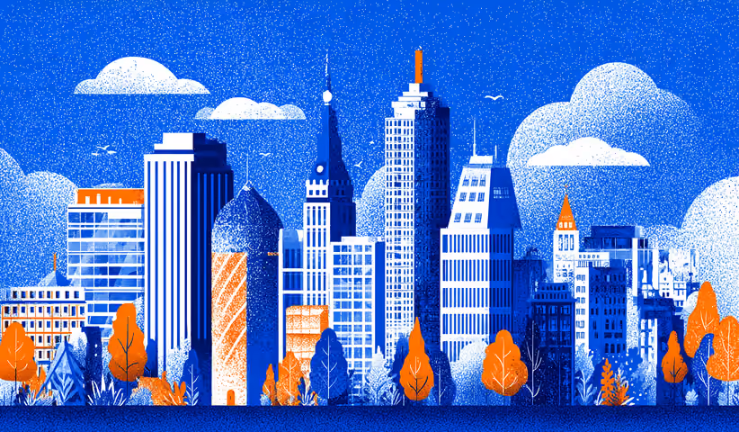 Stylized city skyline with modern buildings and trees, representing digital growth, innovation, and scalable online business presence through Webflow design.