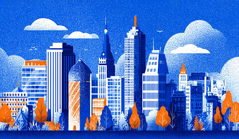 Stylized city skyline with modern buildings and trees, representing digital growth, innovation, and scalable online business presence through Webflow design.