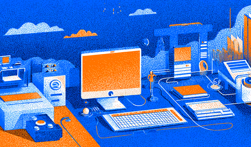 Organized creative workstation with computer, devices, and design tools, representing efficient workflows, responsive design, and digital production environments.