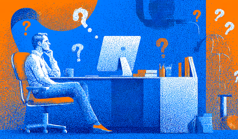 Designer seated at a desk surrounded by question marks and digital elements, representing decision-making, platform comparison, and choosing the right Webflow designer.
