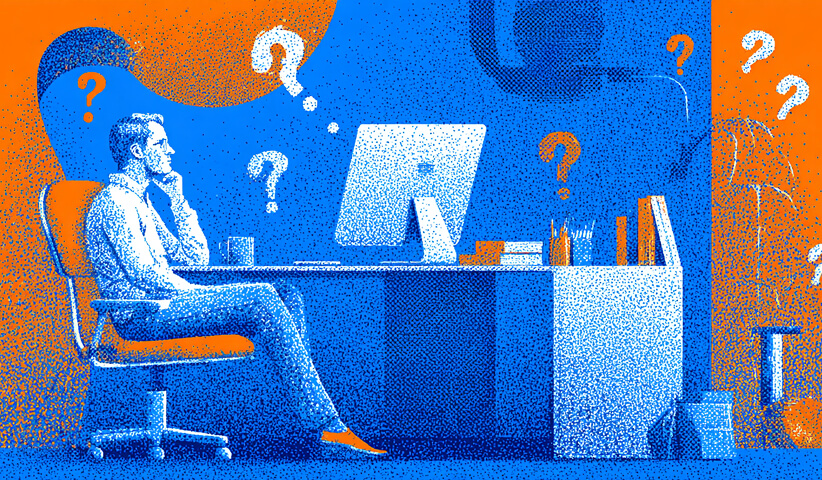 Designer seated at a desk surrounded by question marks and digital elements, representing decision-making, platform comparison, and choosing the right Webflow designer.