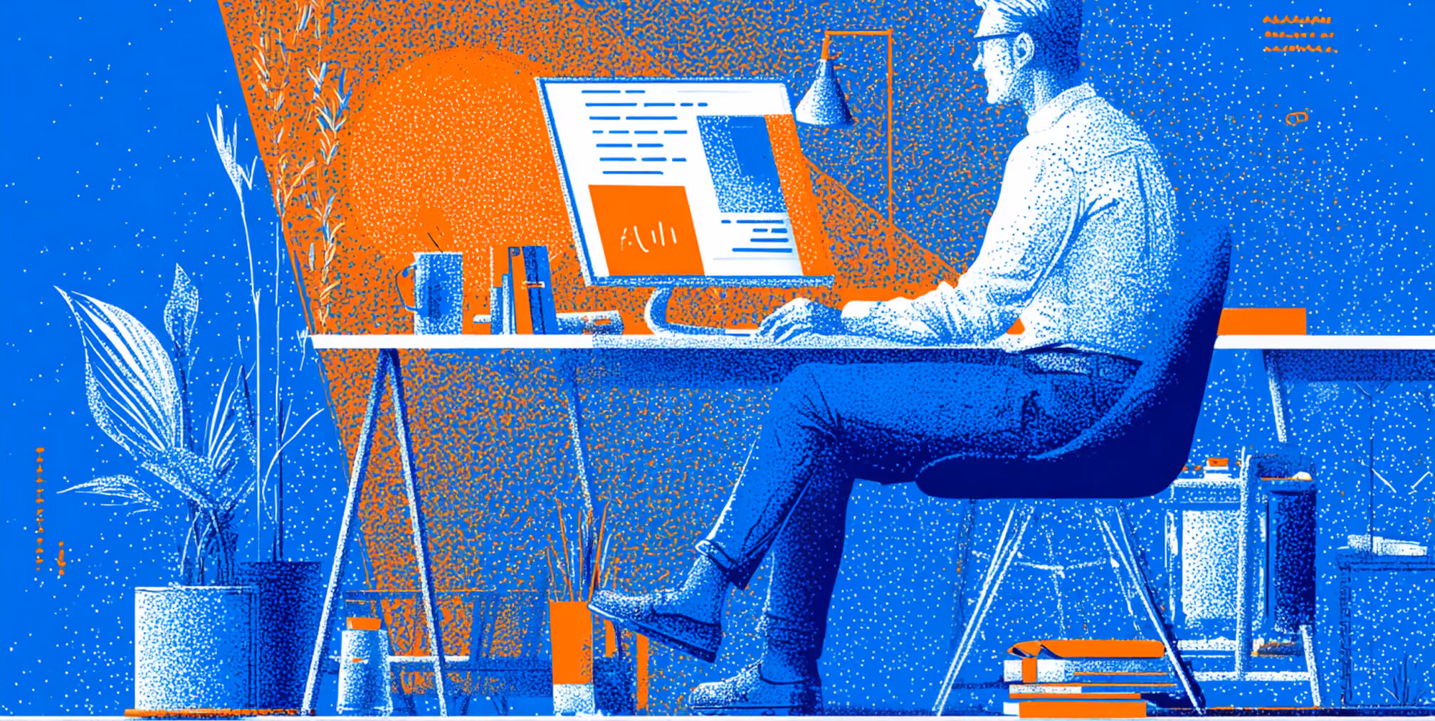 Web designer working on a large monitor with interface elements and branding visuals, representing custom website creation, digital strategy, and responsive design workflows.