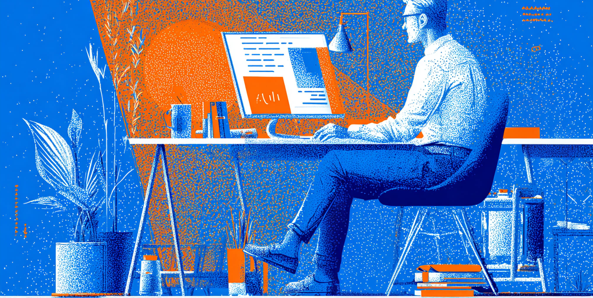 Web designer working on a large monitor with interface elements and branding visuals, representing custom website creation, digital strategy, and responsive design workflows.
