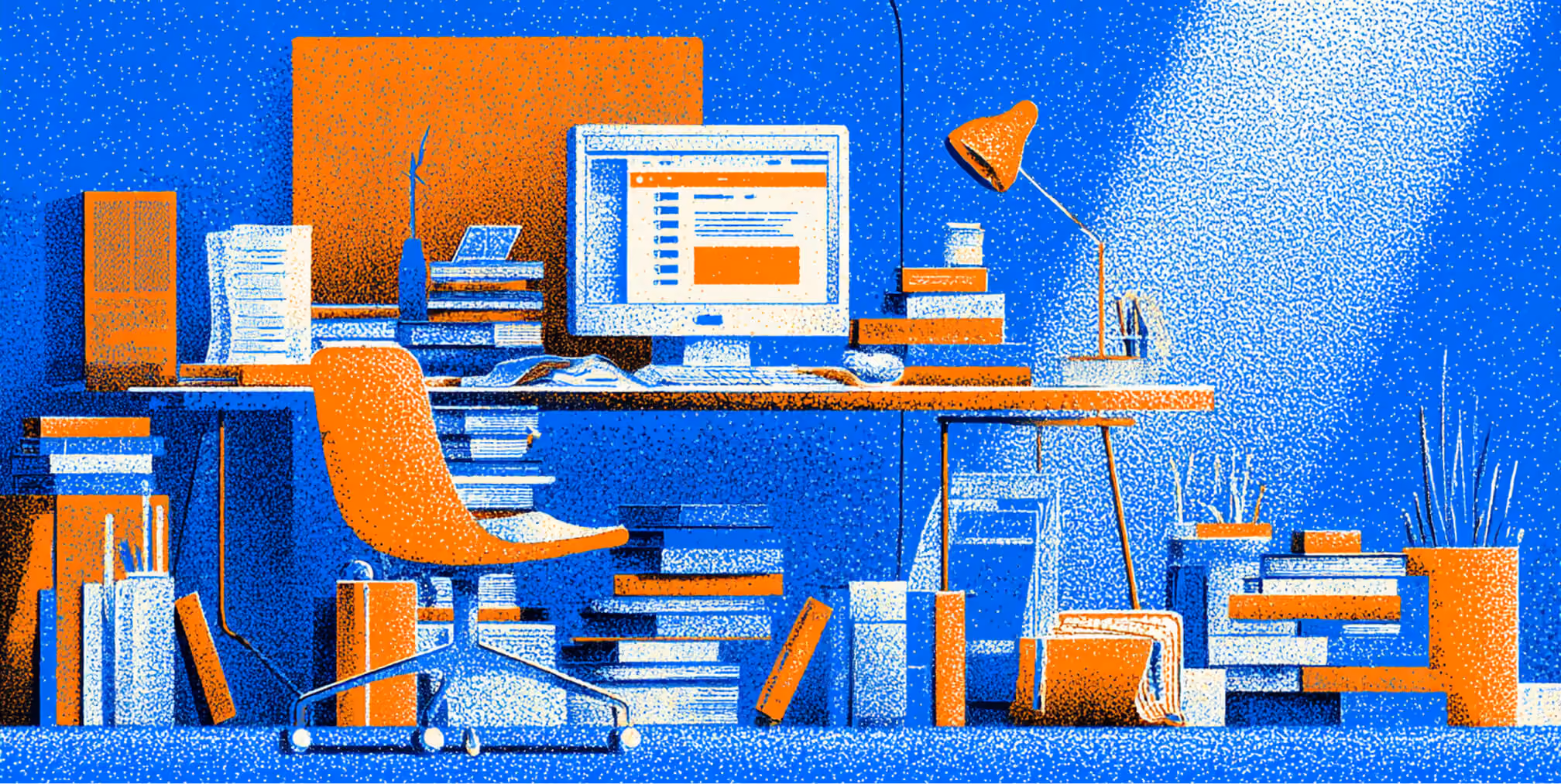 Minimalist office workspace with computer, books, and creative tools, representing focused web design processes, productivity, and modern digital work environments.