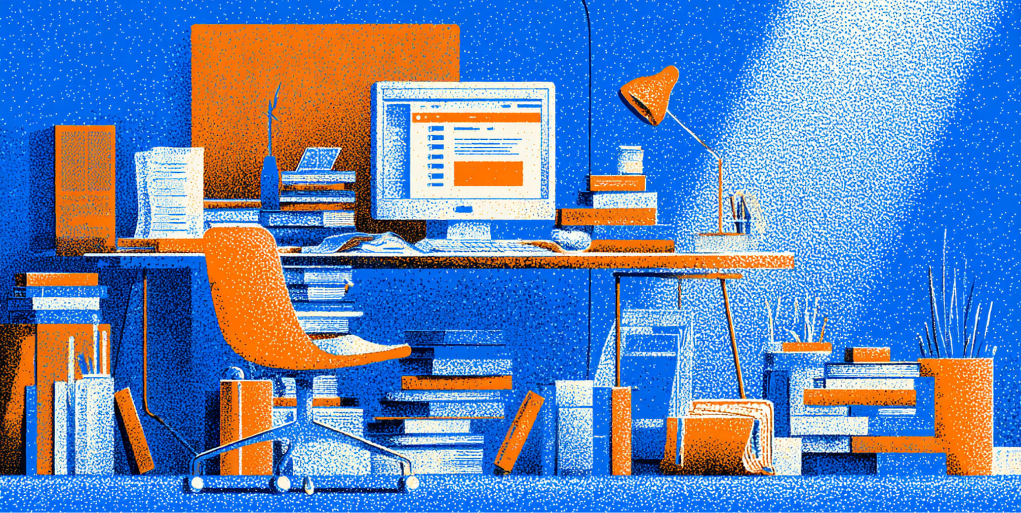 Minimalist office workspace with computer, books, and creative tools, representing focused web design processes, productivity, and modern digital work environments.