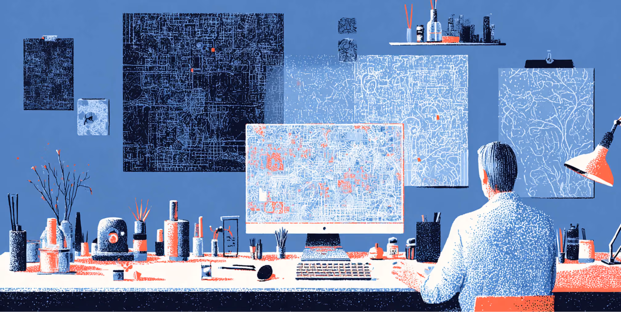 Creative professional analyzing complex digital systems on a desktop computer, representing advanced Webflow agency workflows, UX strategy, and scalable website architecture.
