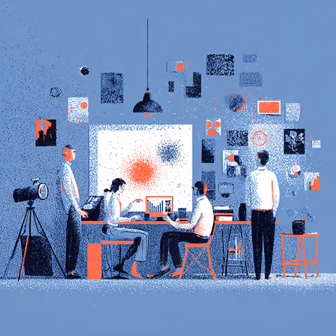 Creative strategy team reviewing analytics and visual concepts in a studio environment, representing collaborative branding, UI design, and agency planning sessions.