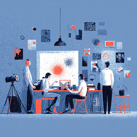 Creative strategy team reviewing analytics and visual concepts in a studio environment, representing collaborative branding, UI design, and agency planning sessions.