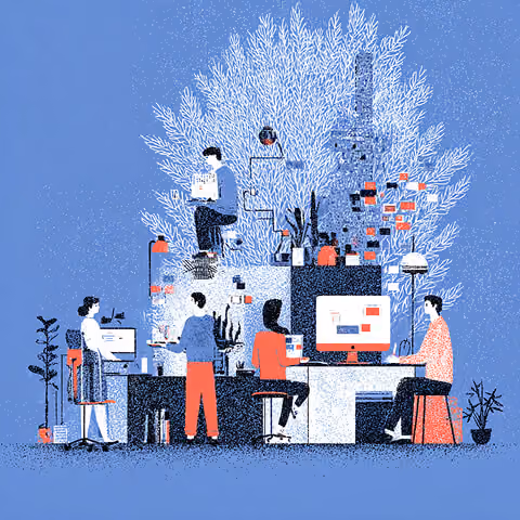 Collaborative design team working across interconnected digital workstations, representing creative Webflow agencies, teamwork, and modern web development processes.