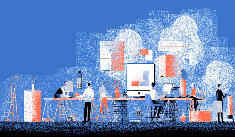 Modern digital workspace with designers and developers collaborating on large-scale web projects, representing agency production systems and scalable Webflow design workflows.