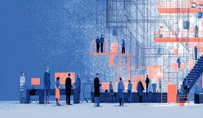 Abstract architectural workspace filled with people and structural frameworks, representing complex digital ecosystems, agency operations, and scalable creative infrastructure.
