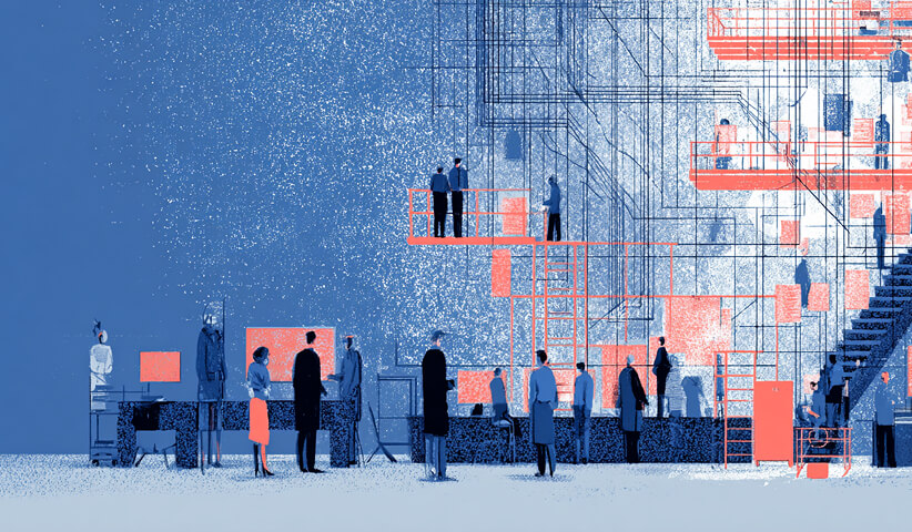 Abstract architectural workspace filled with people and structural frameworks, representing complex digital ecosystems, agency operations, and scalable creative infrastructure.
